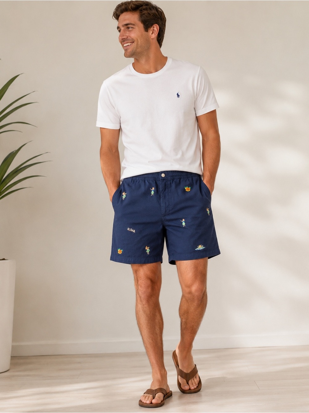 Aloha Embroidered Polo Ralph Lauren Classic Fit 6” Shorts Mens XXL Navy Hawaiian